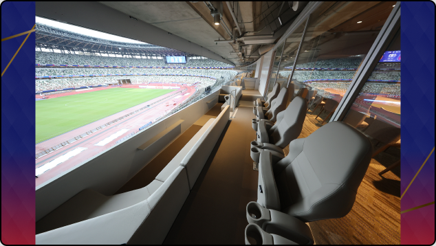 MUFGスタジアム(国立競技場)の個室席からピッチを望む様子