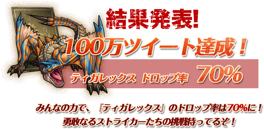 結果発表!　100万ツイート達成!　ティガレックス ドロップ率 70%